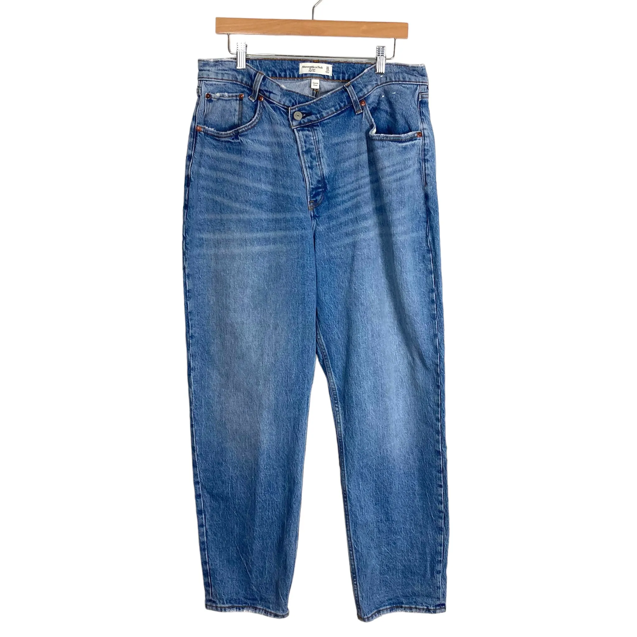 ABERCROMBIE & FITCH CURVE LOVE DRAPED WAIST BUTTON FLY HIGH RISE THE DAD JEANS-SIZE 32/14 (INSEAM 30”,  ONLINE)