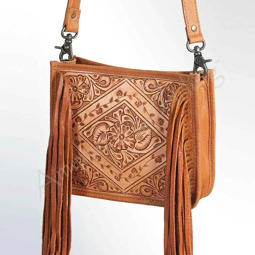 American Darling Structured Floral Tooled Fringe Crossbody Bag