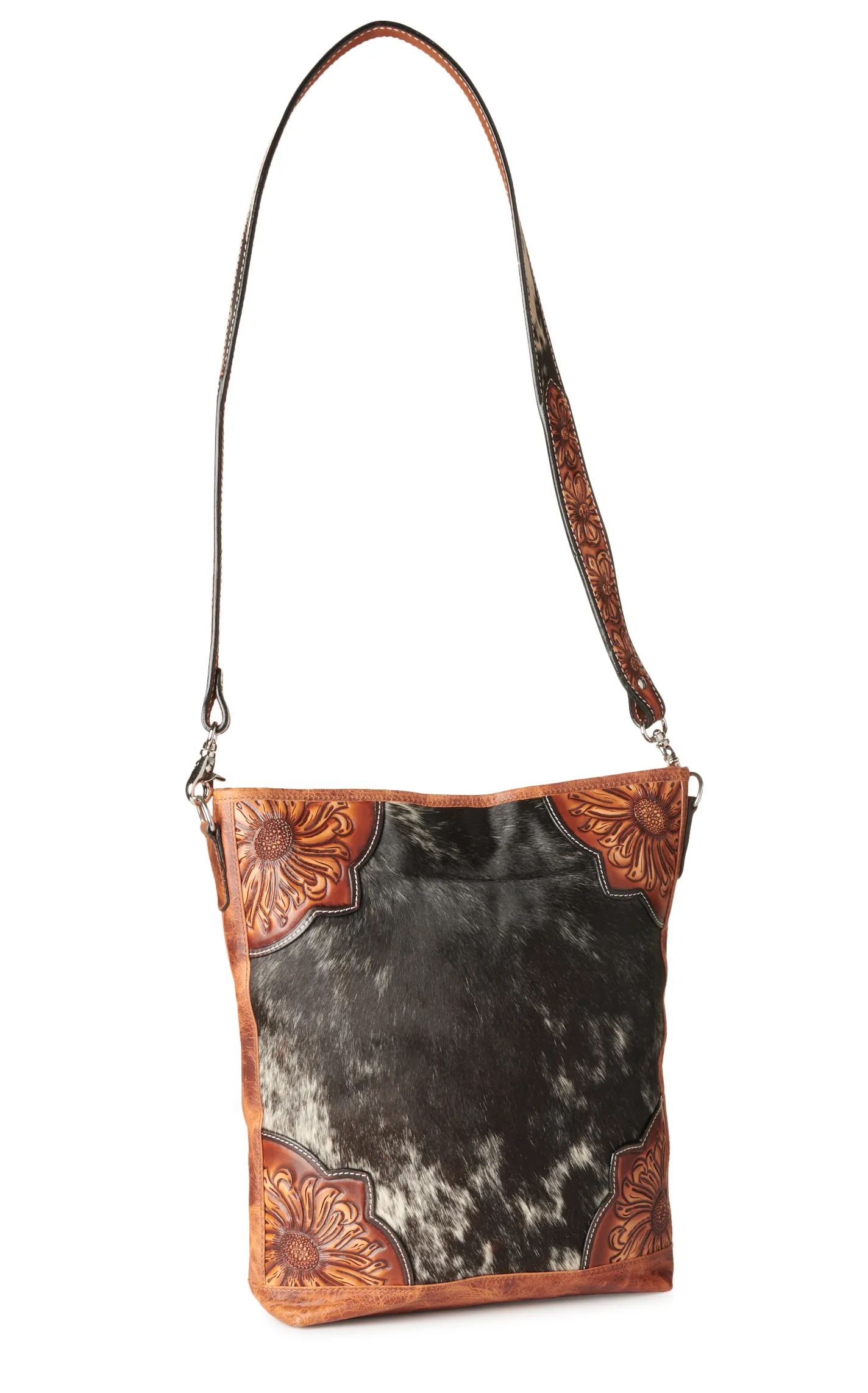 Angel Ranch Caramel Leather Tooled Sunflowers & Muddled Black Hair on Hide Crossbody Concealed Carry Bag