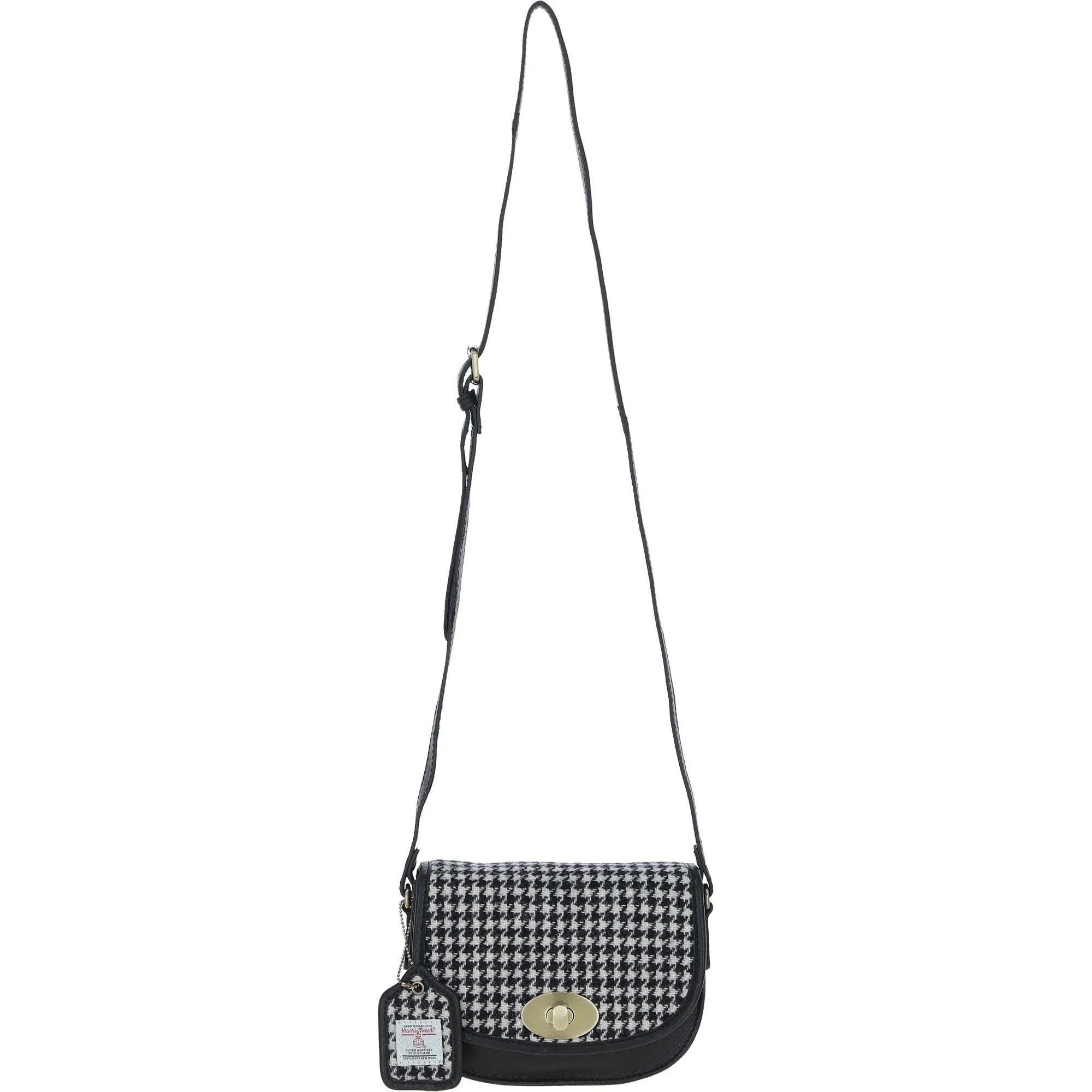 Ashwood Leather x Harris Tweed Saddle Crossbody Bag with Twist Lock Black/White: TW-30-012-BW