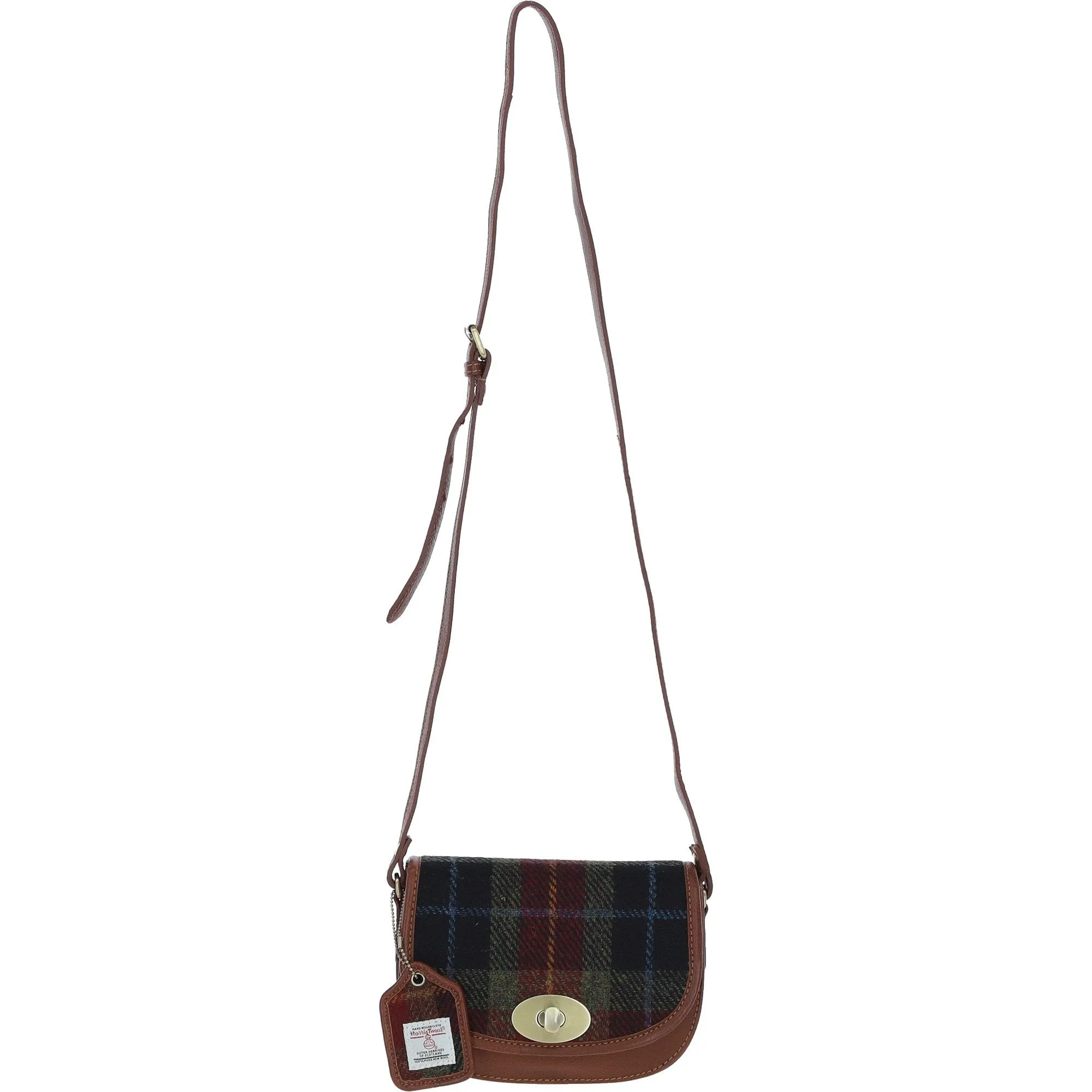 Ashwood Leather x Harris Tweed Saddle Crossbody Bag with Twist Lock Tan/Green/Red: TW-30-08-TR