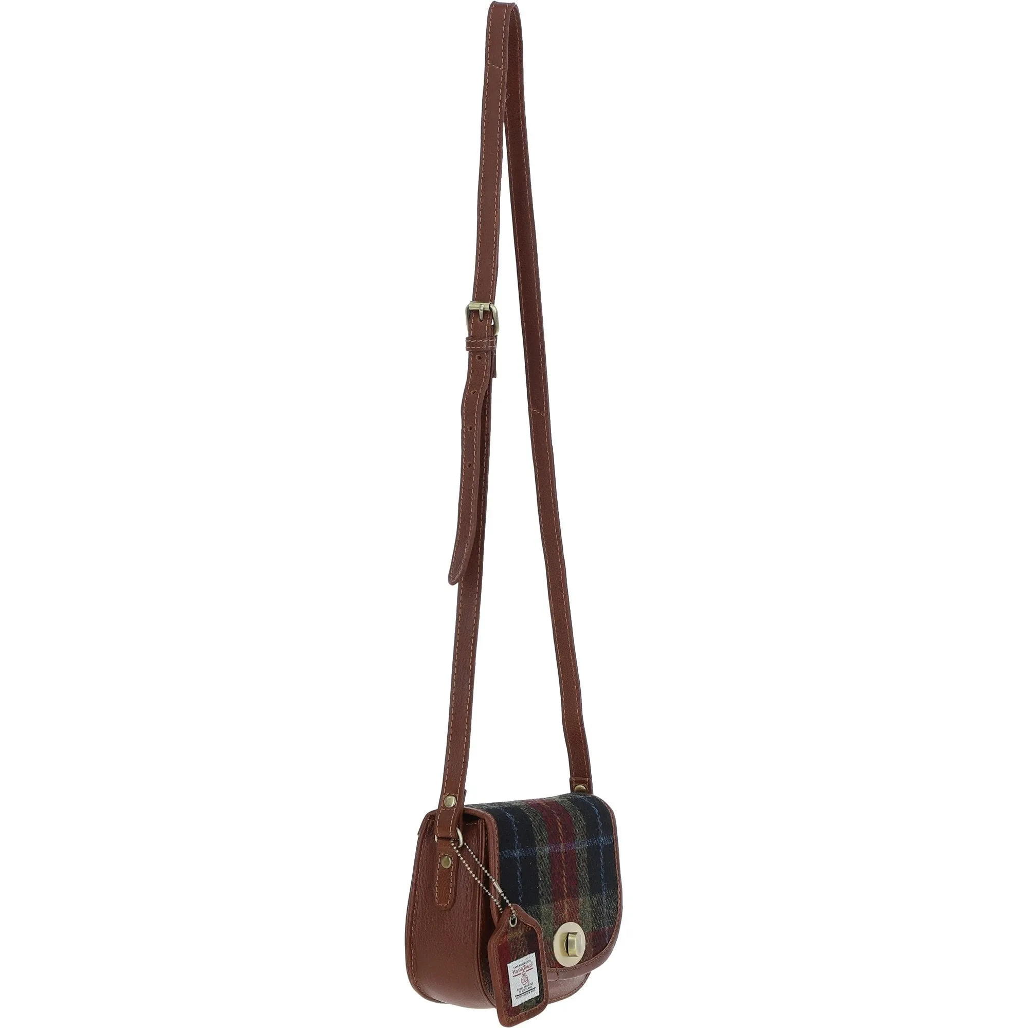 Ashwood Leather x Harris Tweed Saddle Crossbody Bag with Twist Lock Tan/Green/Red: TW-30-08-TR