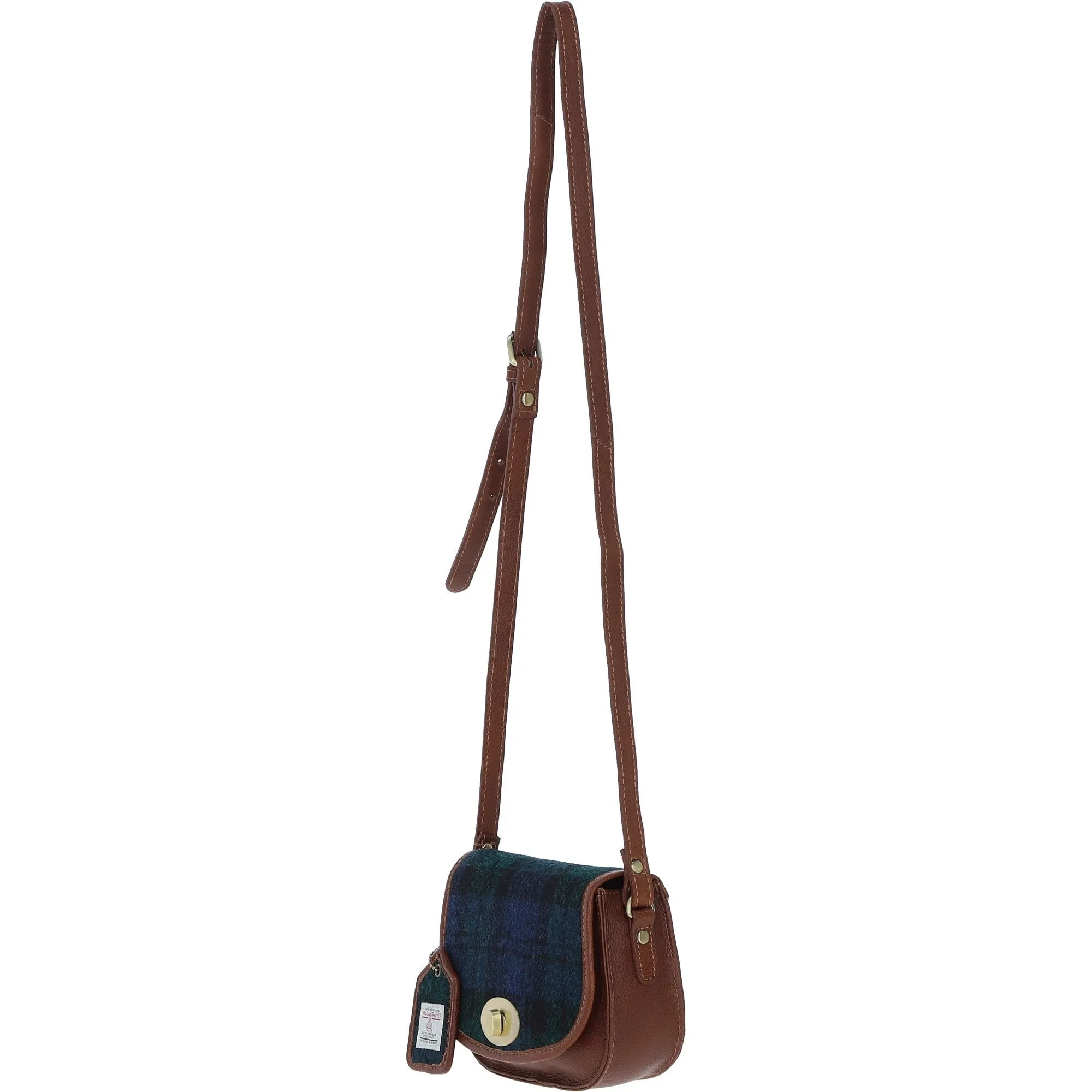 Ashwood Leather x Harris Tweed Saddle Crossbody Bag with Twist Lock Tan/Watch: TW-30-04-TW