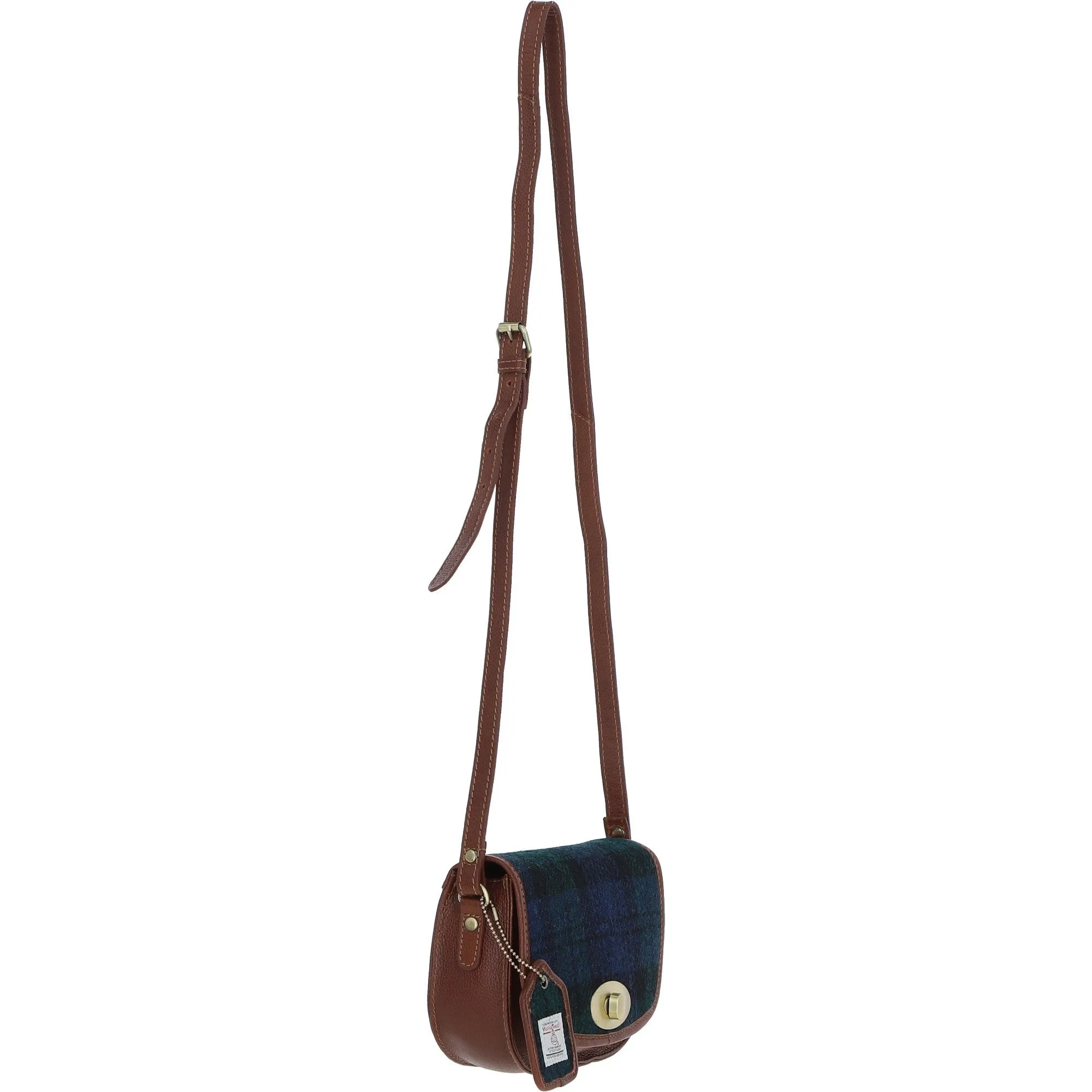 Ashwood Leather x Harris Tweed Saddle Crossbody Bag with Twist Lock Tan/Watch: TW-30-04-TW