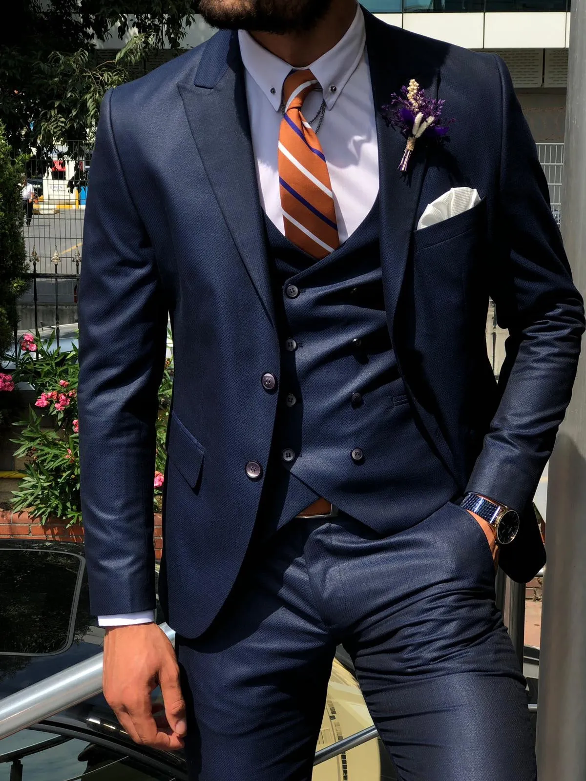 Baha  Slim-Fit Patterned Suit Vest Navy Blue