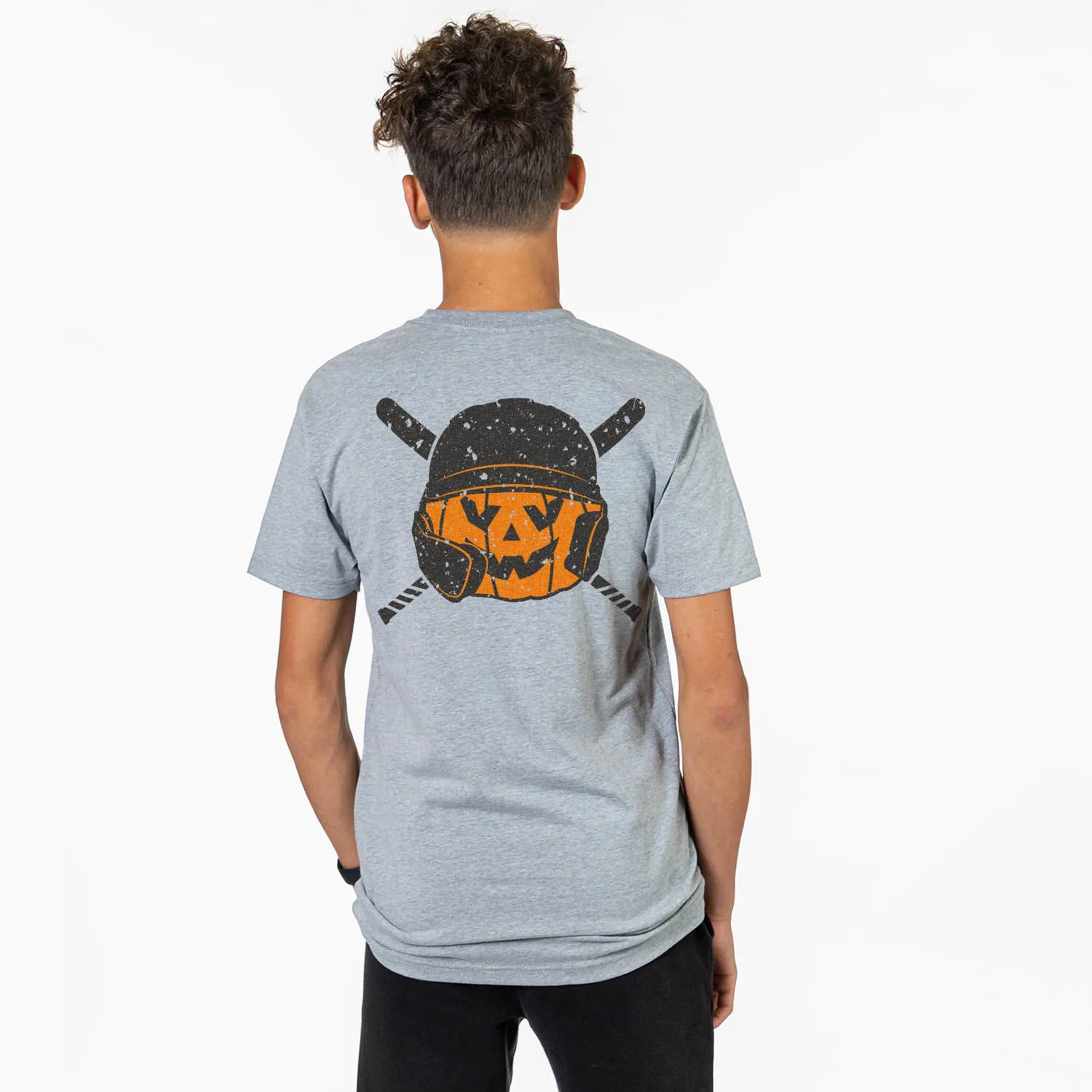 Baseball/Softball Short Sleeve T-Shirt - Helmet Pumpkin (Back Design) 