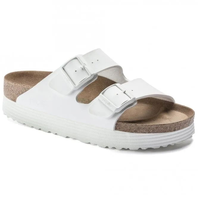 BIRKENSTOCK  Womens Papillio Arizona Grooved Platform White Birko-Flor Vegan Double Strap Buckle Mules 1018581