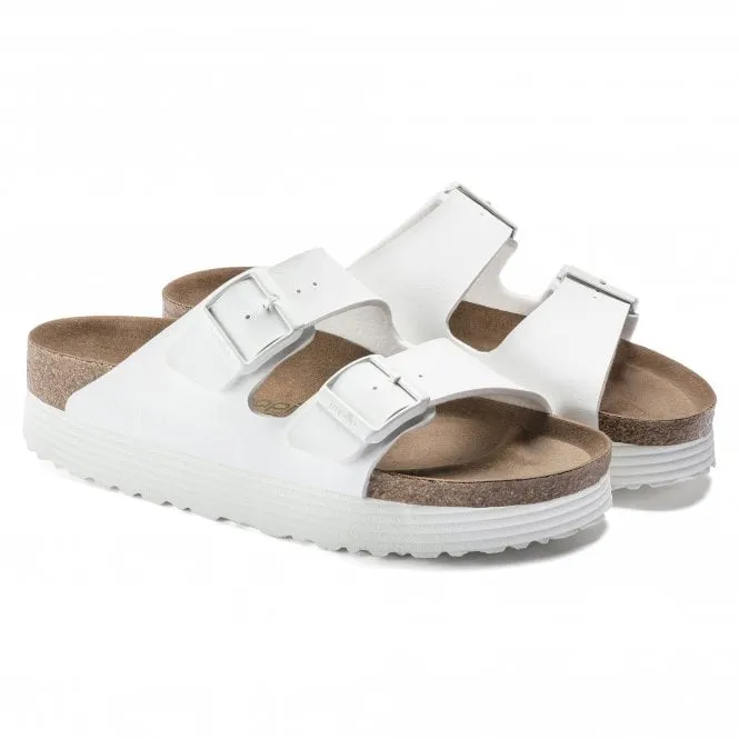 BIRKENSTOCK  Womens Papillio Arizona Grooved Platform White Birko-Flor Vegan Double Strap Buckle Mules 1018581