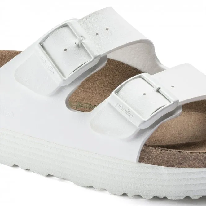 BIRKENSTOCK  Womens Papillio Arizona Grooved Platform White Birko-Flor Vegan Double Strap Buckle Mules 1018581