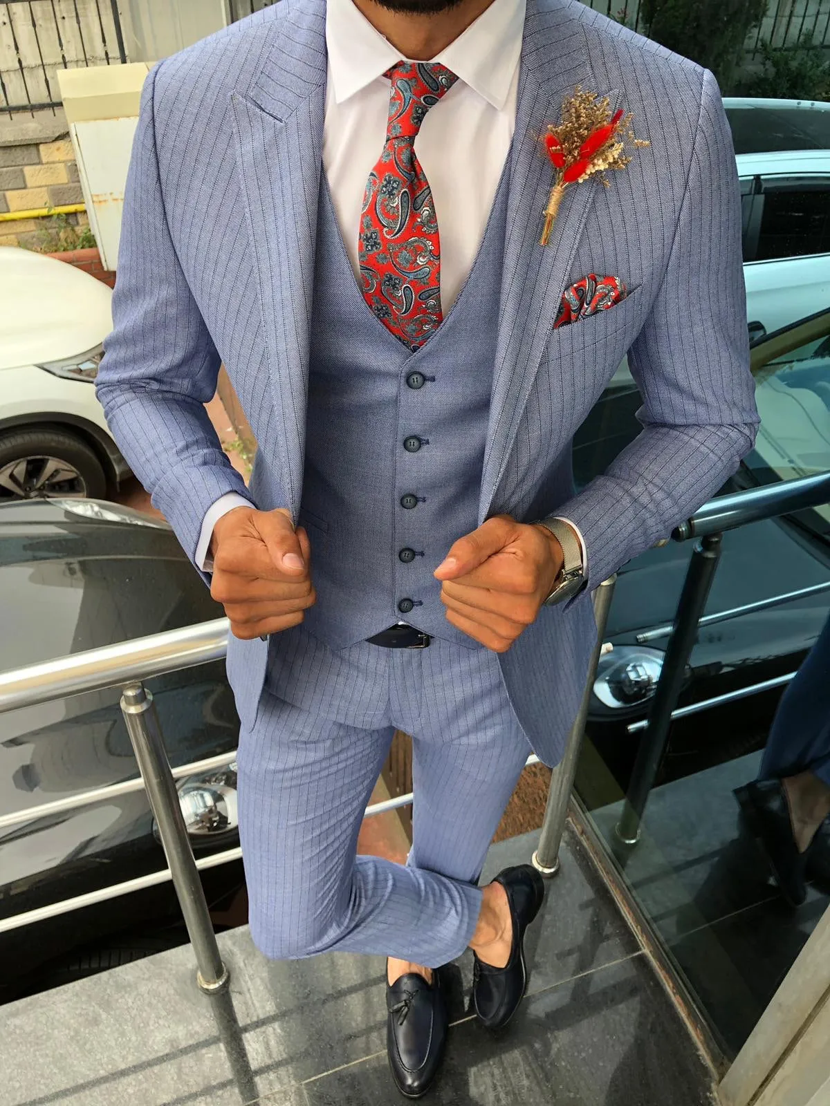 Bluness Slim-Fit Striped Suit Vest Blue