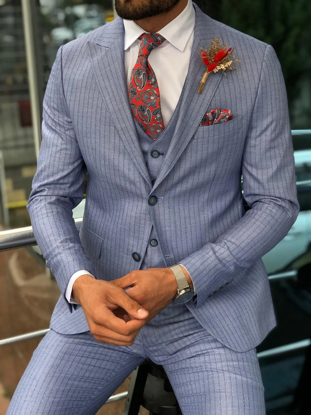 Bluness Slim-Fit Striped Suit Vest Blue