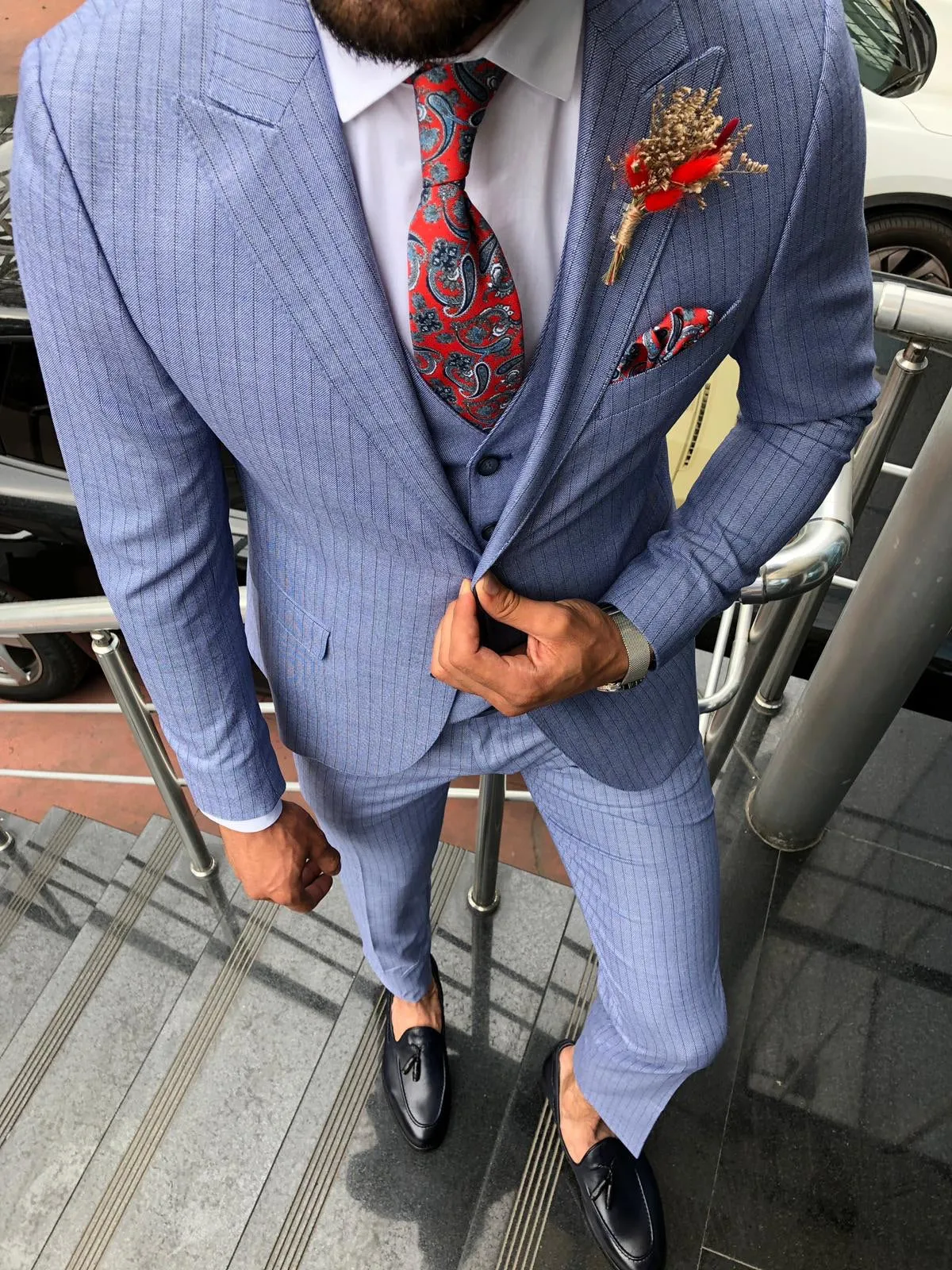 Bluness Slim-Fit Striped Suit Vest Blue