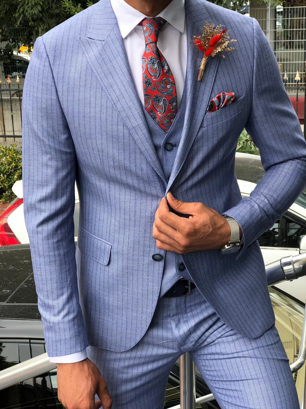 Bluness Slim-Fit Striped Suit Vest Blue