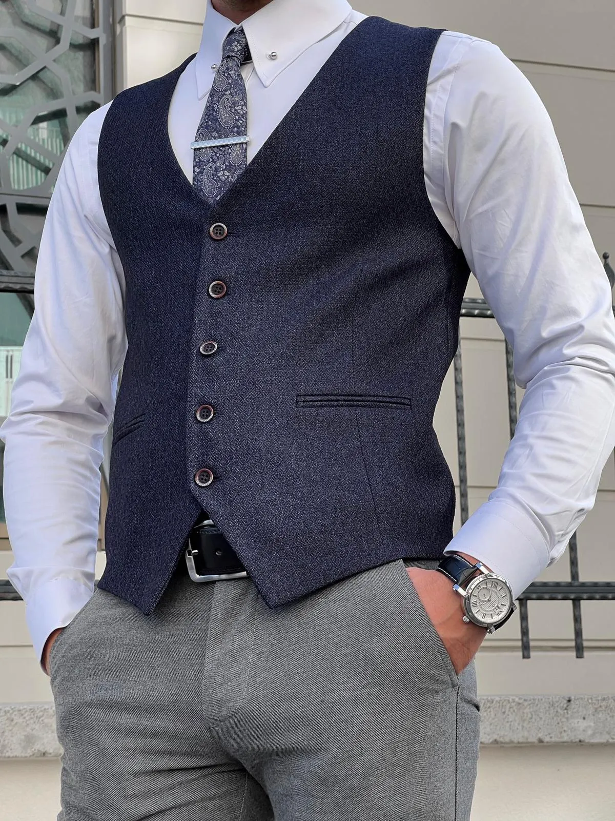 Bojoni Astoria Slim Fit Navy Blue Woolen Vest