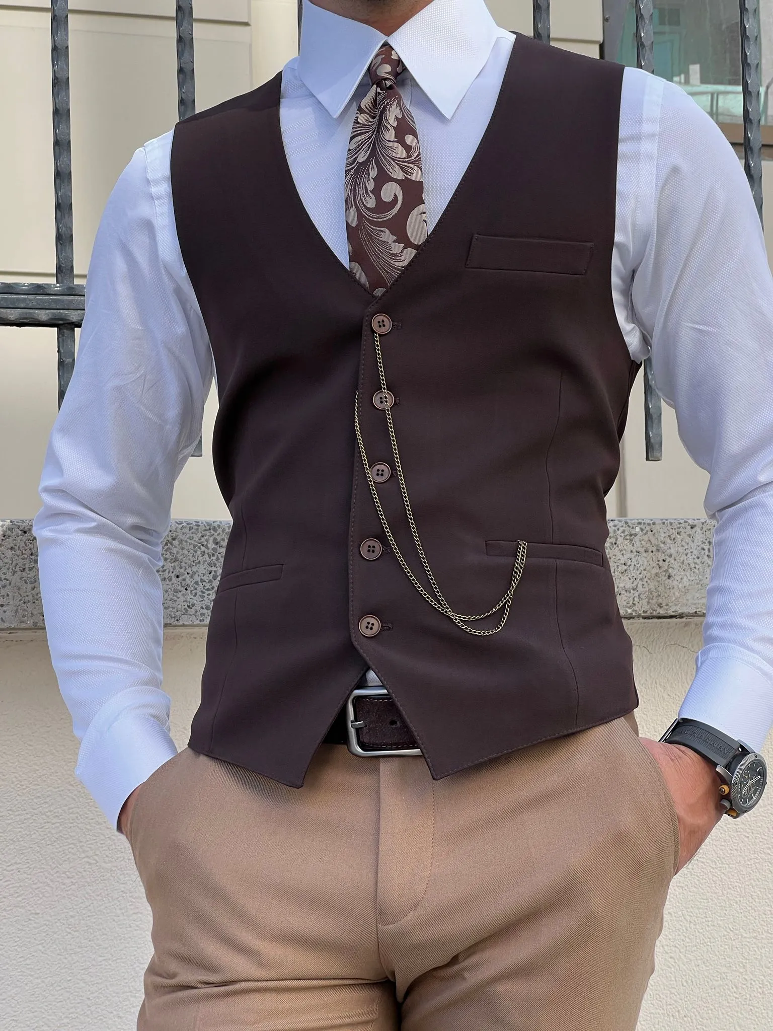 Bojoni Astoria Slim Fit Woolen Brown  Vest