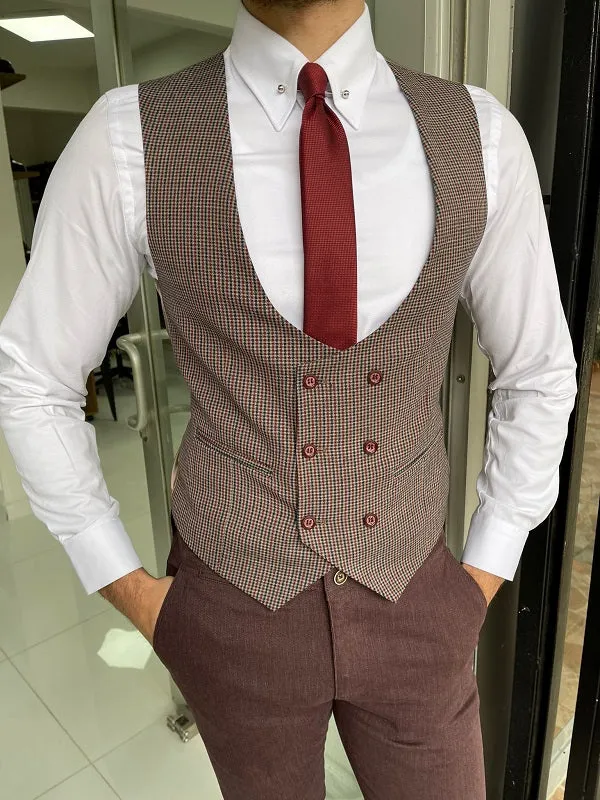 Bojoni Grant Burgundy Slim Fit Double Breasted Wool Vest