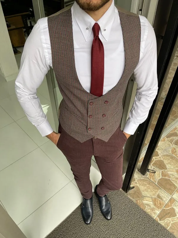 Bojoni Grant Burgundy Slim Fit Double Breasted Wool Vest