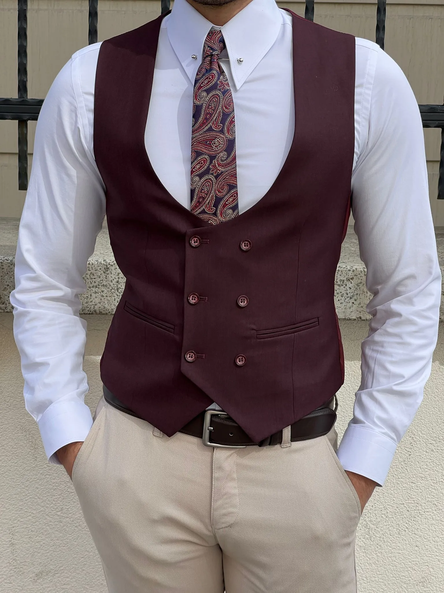 Bojoni Montebello Slim Fit Double Breasted Claret Red Vest