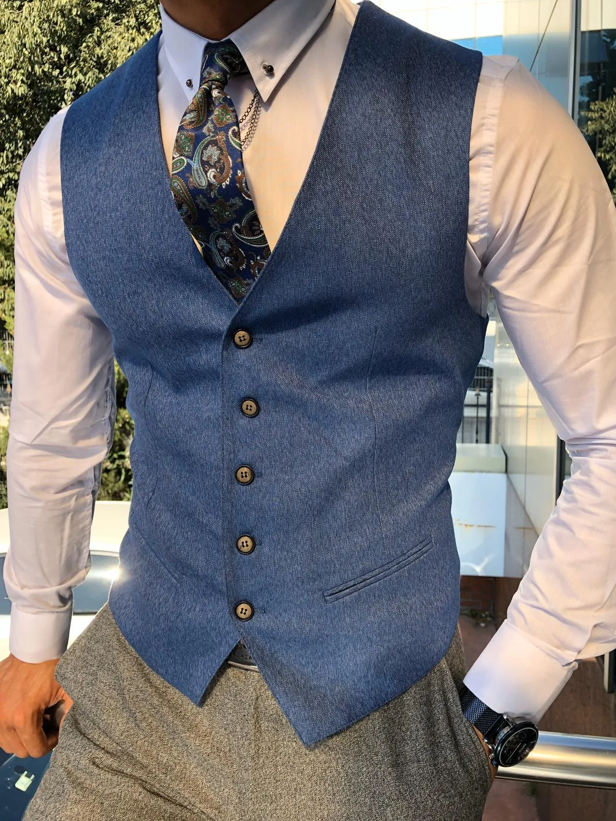 Bojoni Slim-Fit Plaid Suit Vest Sax