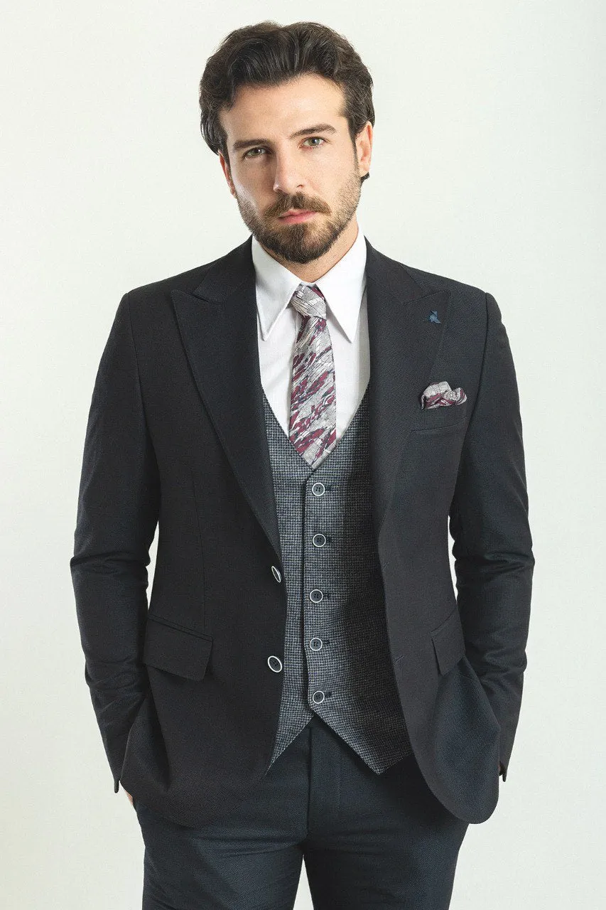 Bojoni Trivento Black & Gray Vest Slim Fit Suit