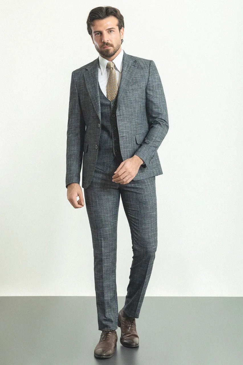 Bojoni Trivento Gray Patterned Vest Slim Fit Suit