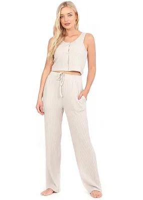 Brave Soul Natural  Cropped Vest & Wide Leg Waffle Lounge Set