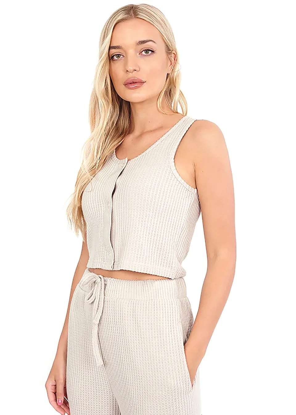 Brave Soul Natural  Cropped Vest & Wide Leg Waffle Lounge Set