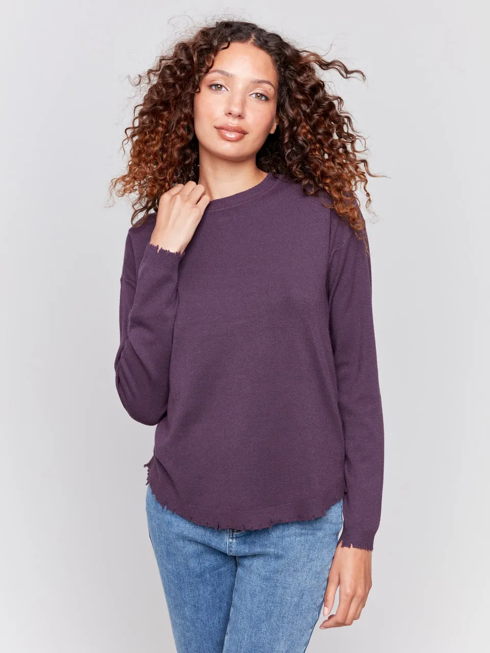 Charlie B Crew-Neck Ripped Edges Drop-Shoulder Plushy Sweater