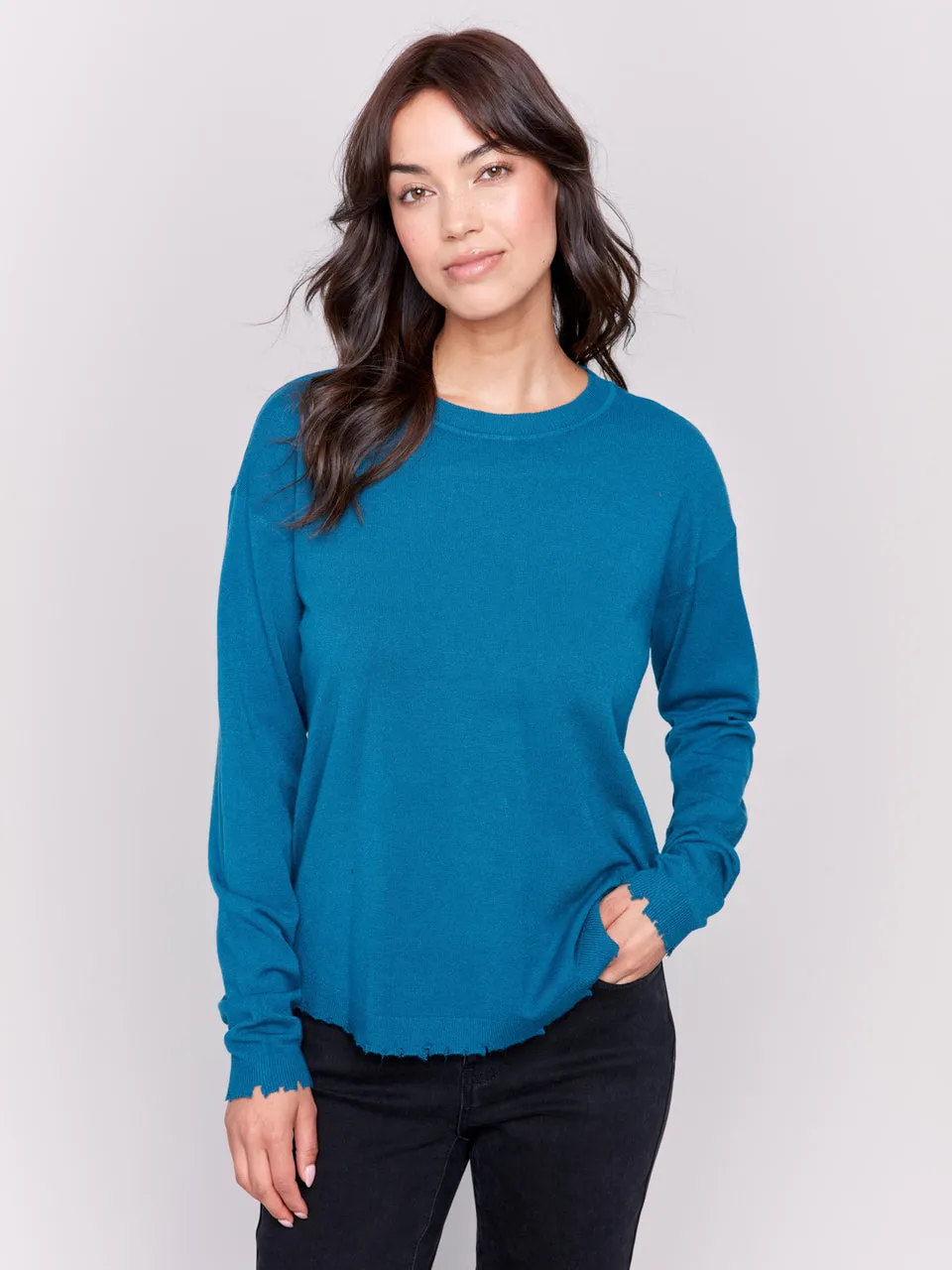 Charlie B Crew-Neck Ripped Edges Drop-Shoulder Plushy Sweater