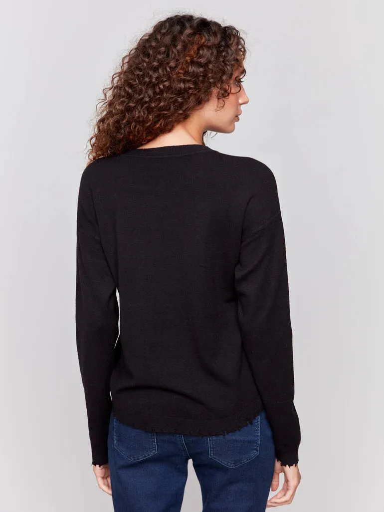 Charlie B Crew-Neck Ripped Edges Drop-Shoulder Plushy Sweater