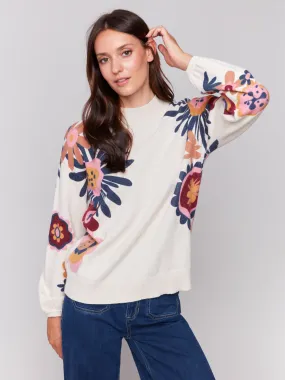 Charlie B Floral Printed Plushy Mock-Neck Sweater With Puffy Sleeves