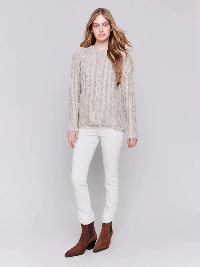 Charlie B Metallic Cable Knit Sweater with Distressed Hem