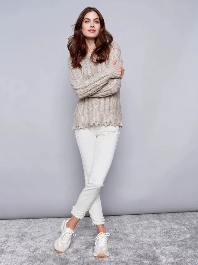 Charlie B Metallic Cable Knit Sweater with Distressed Hem