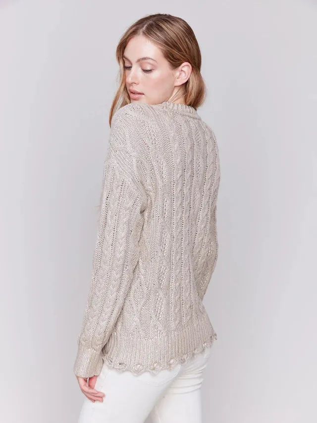 Charlie B Metallic Cable Knit Sweater with Distressed Hem