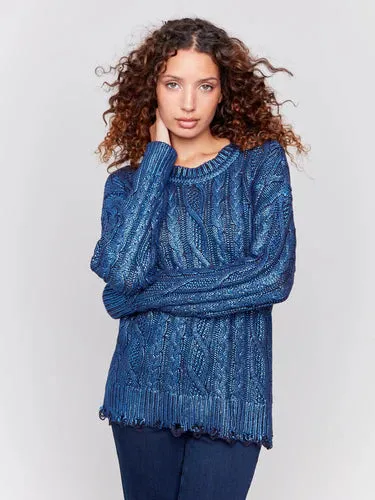 Charlie B Metallic Cable Knit Sweater with Distressed Hem