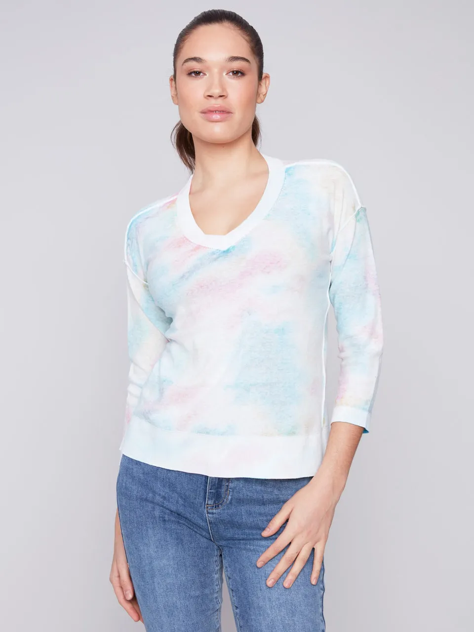 Charlie B Reversible Printed V-Neck Drop Shoulder Sweater