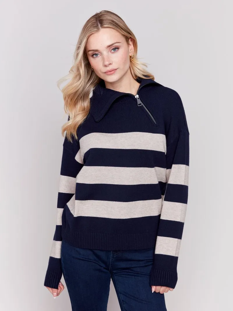 Charlie B Striped Turtleneck Sweater with Zipper Detail