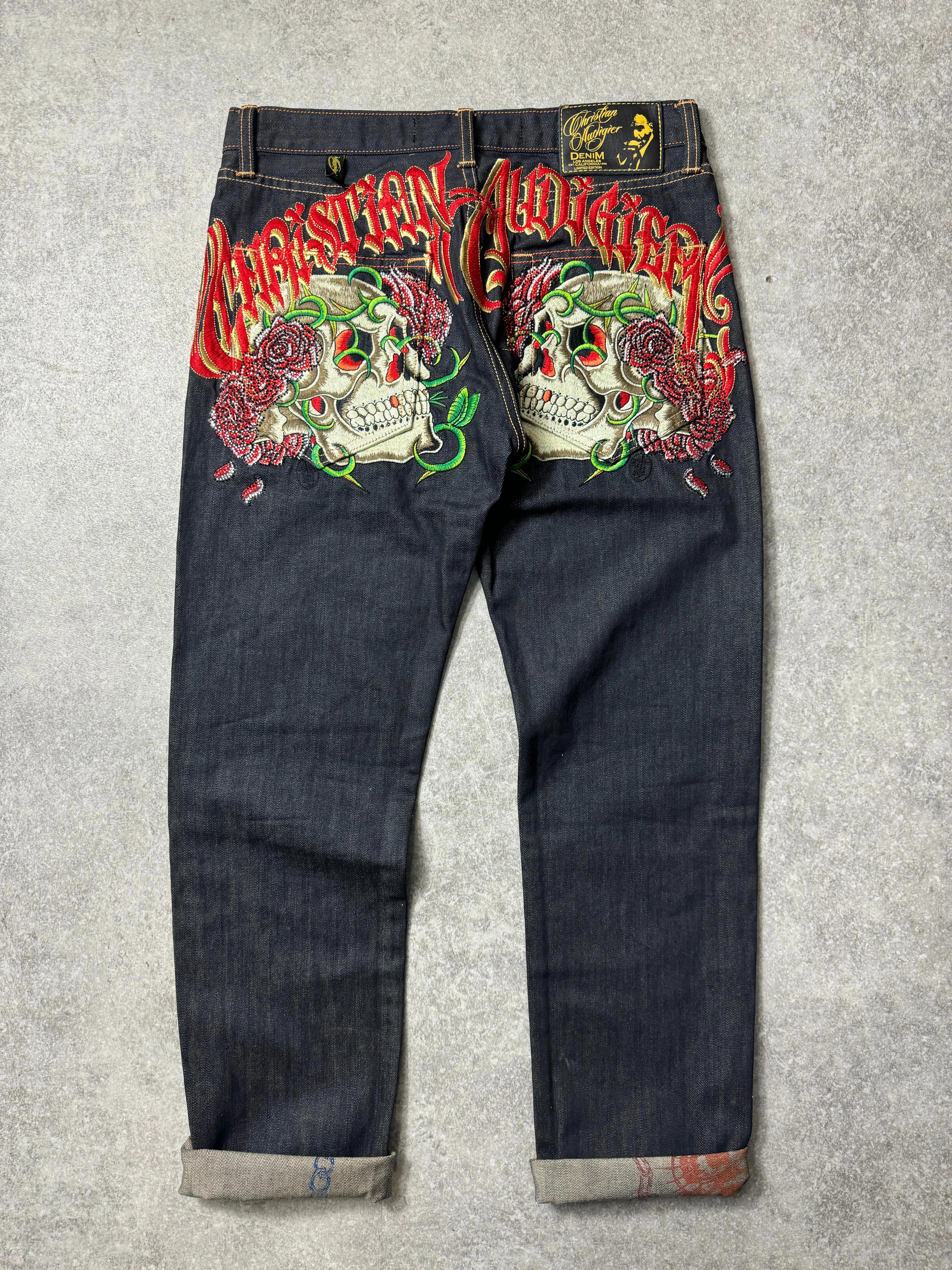 Christian Audigier Logo Spellout Crystal Embellished Skulls Straight Leg Jeans