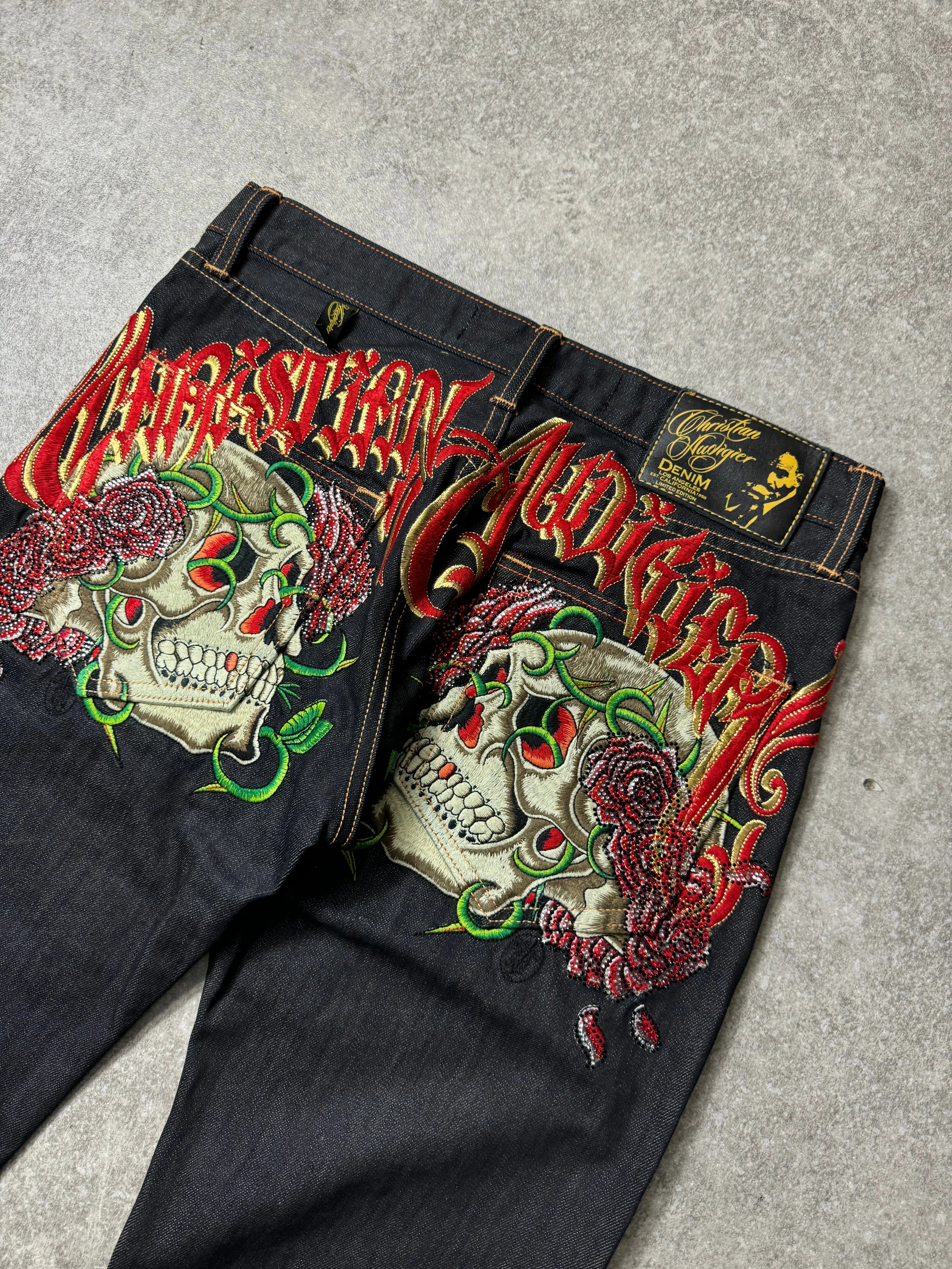 Christian Audigier Logo Spellout Crystal Embellished Skulls Straight Leg Jeans