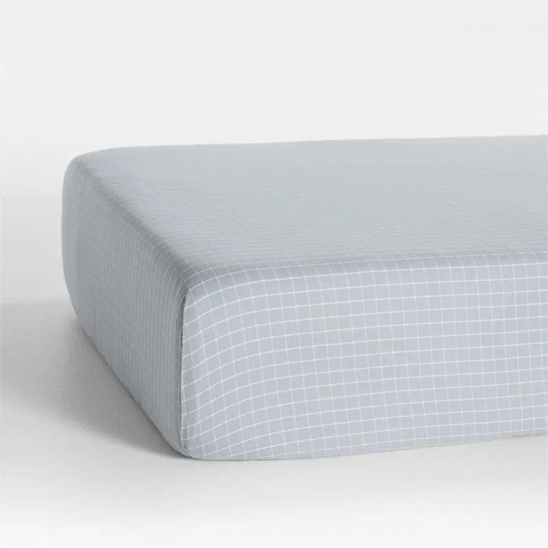 Crate&Barrel Stax Mini Grid Mist Blue Yarn-Dyed Organic Cotton Baby Crib Fitted Sheet