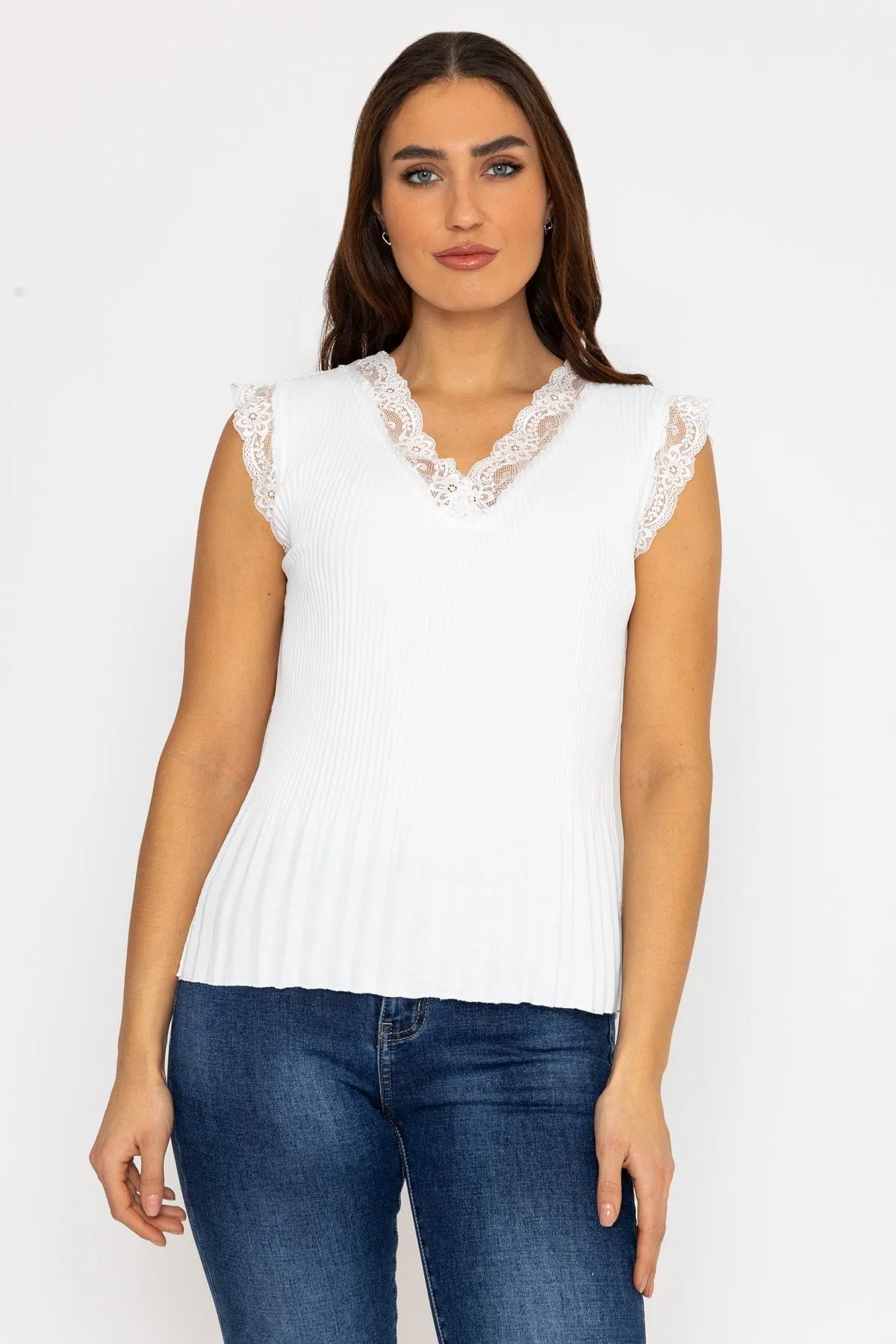 Ecru Sleeveless Lace Trim Pleat Top