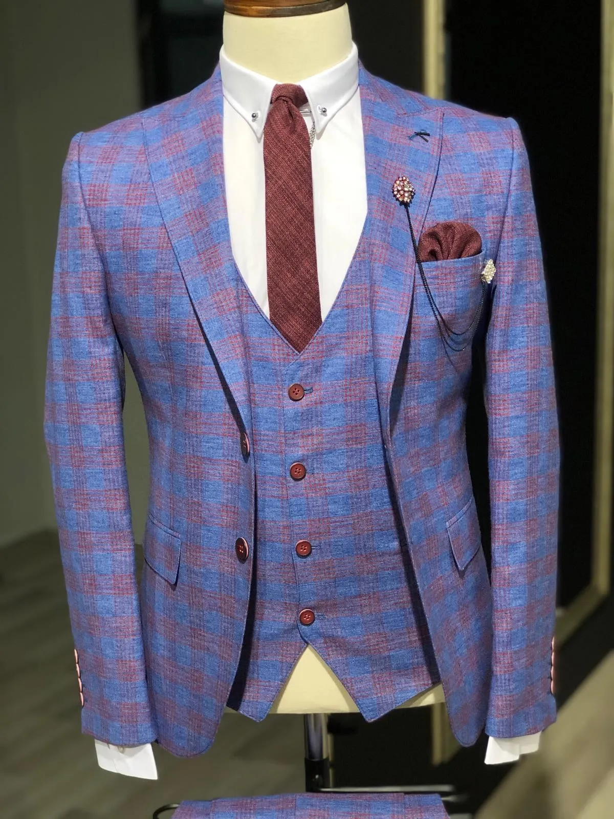 Folndess Slim-Fit Plaid Suit Vest Sax