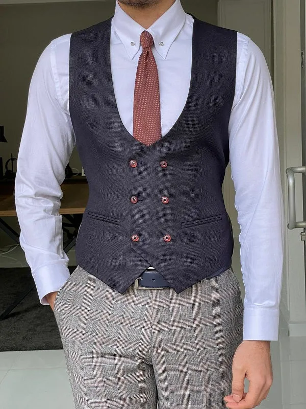 Forenza  Navy Blue Slim Fit Double Breasted Wool Vest