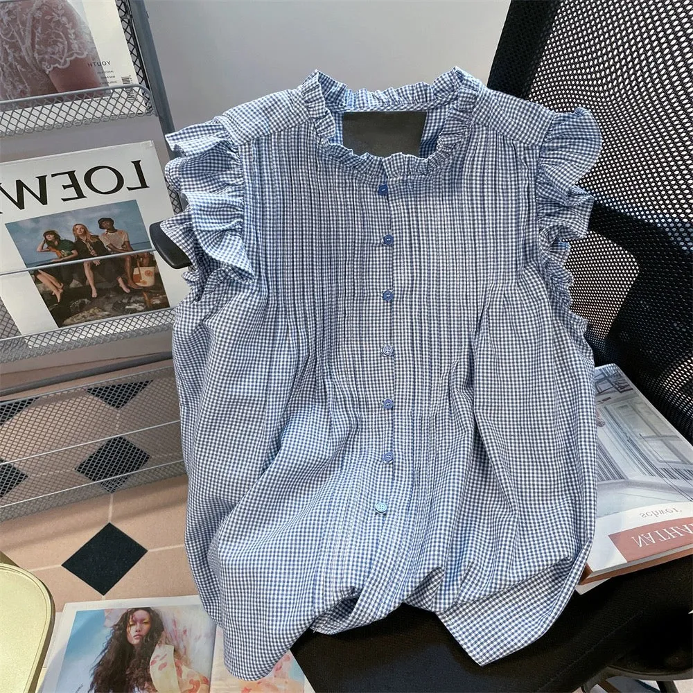 French sweet ruffle pleated plaid sleeveless shirt for men and women in summer, chic and age-reducing small flying sleeve top