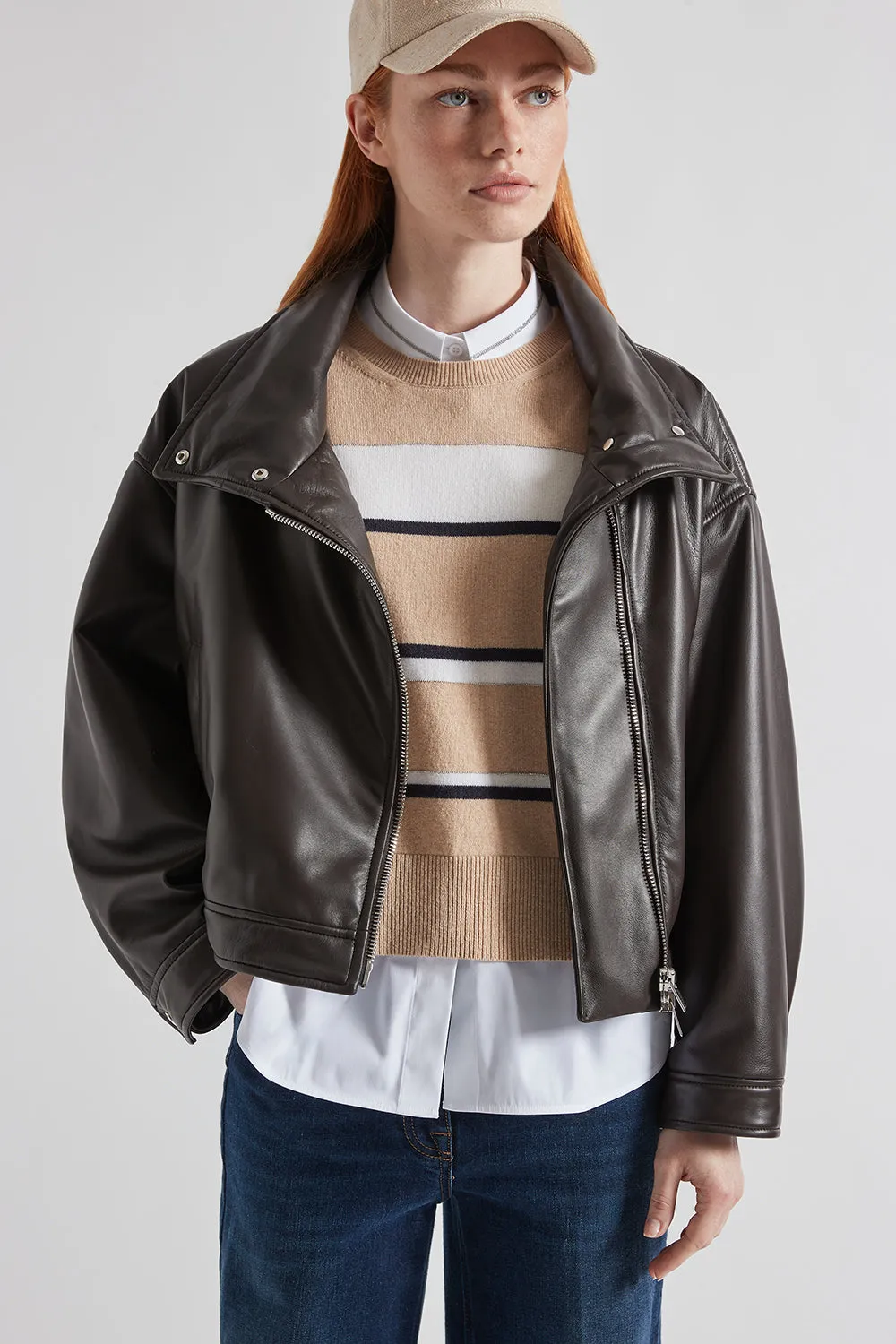 Genuine leather double-breasted jacket