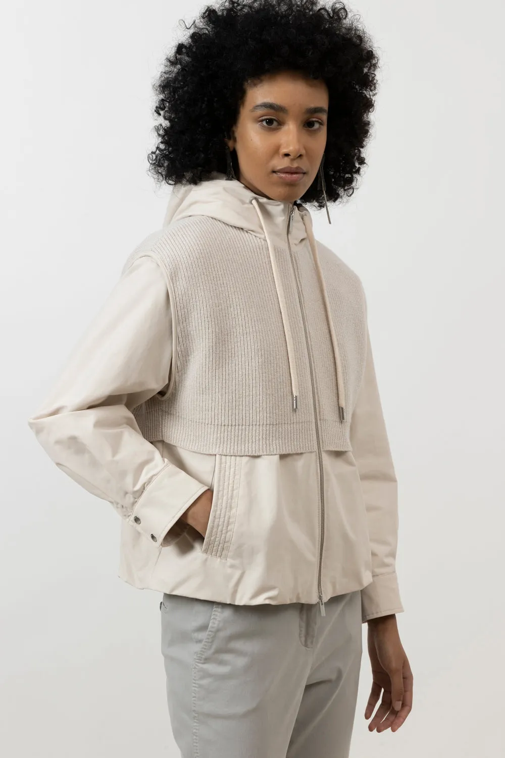 Hooded jacket made of technical cotton, wool and cashmere