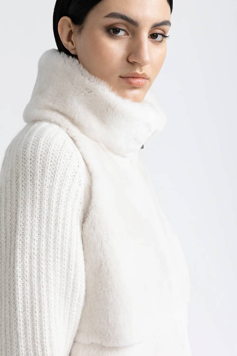 Knitted high neck jacket with fur trim