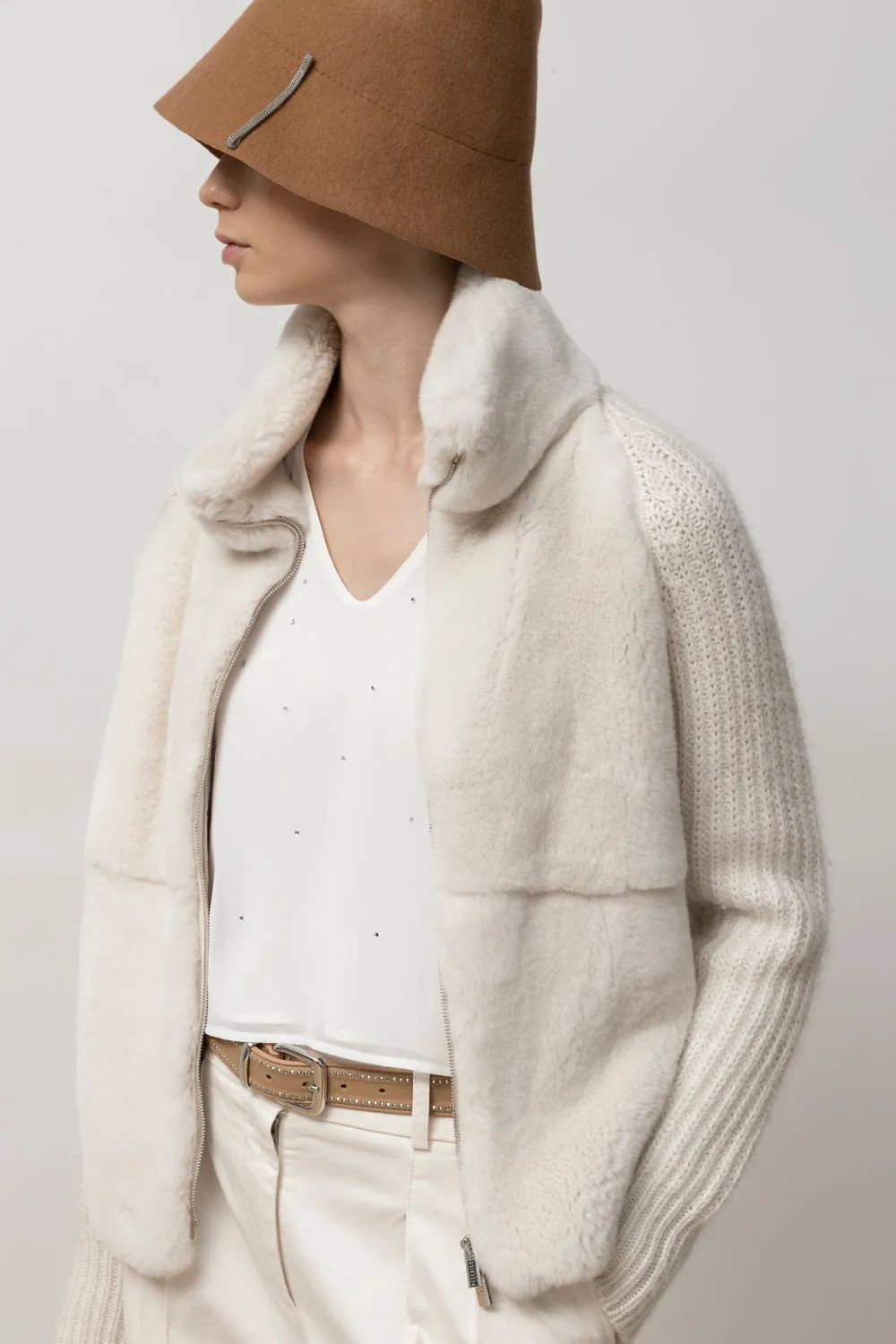 Knitted high neck jacket with fur trim