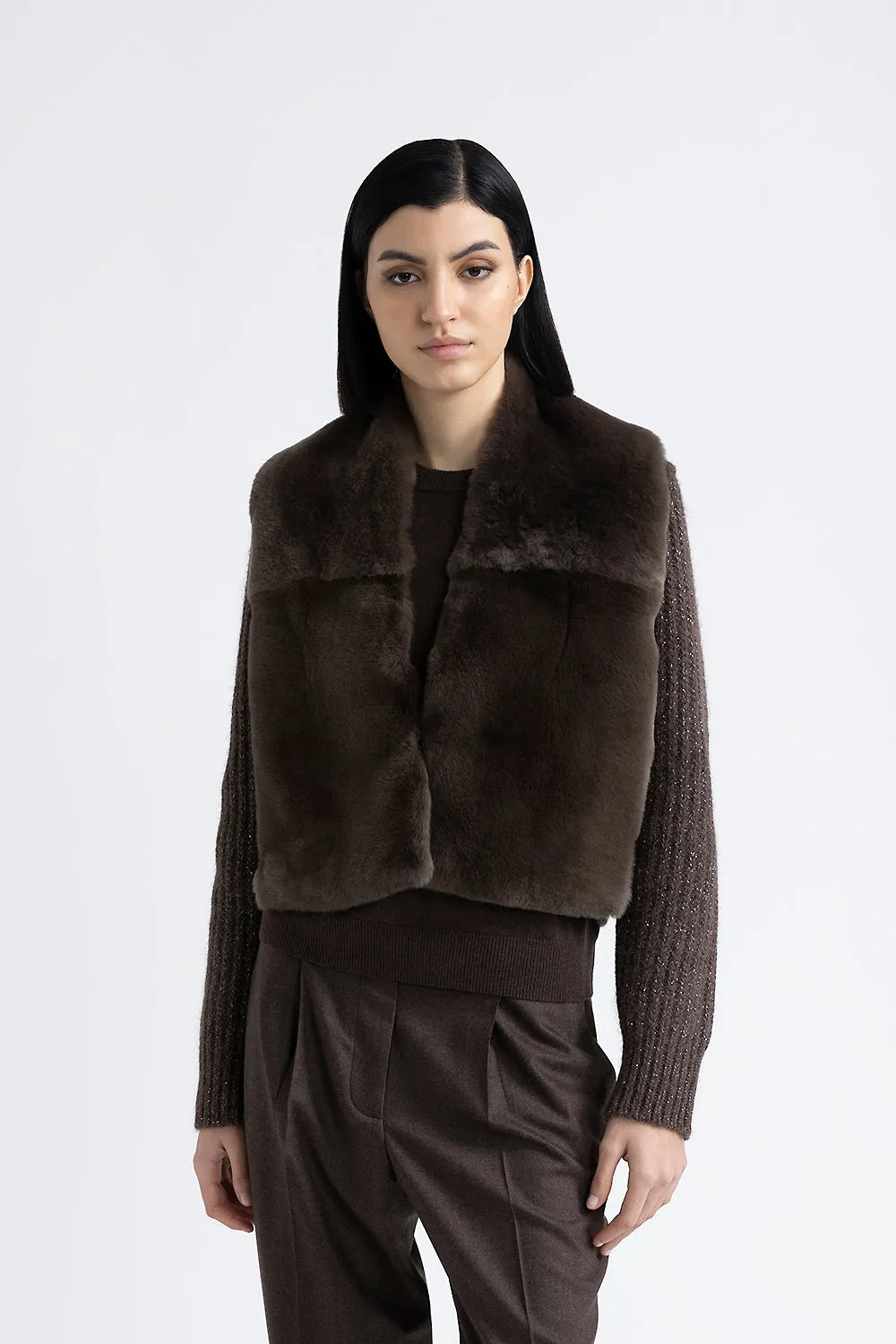 Knitted jacket with fur trim