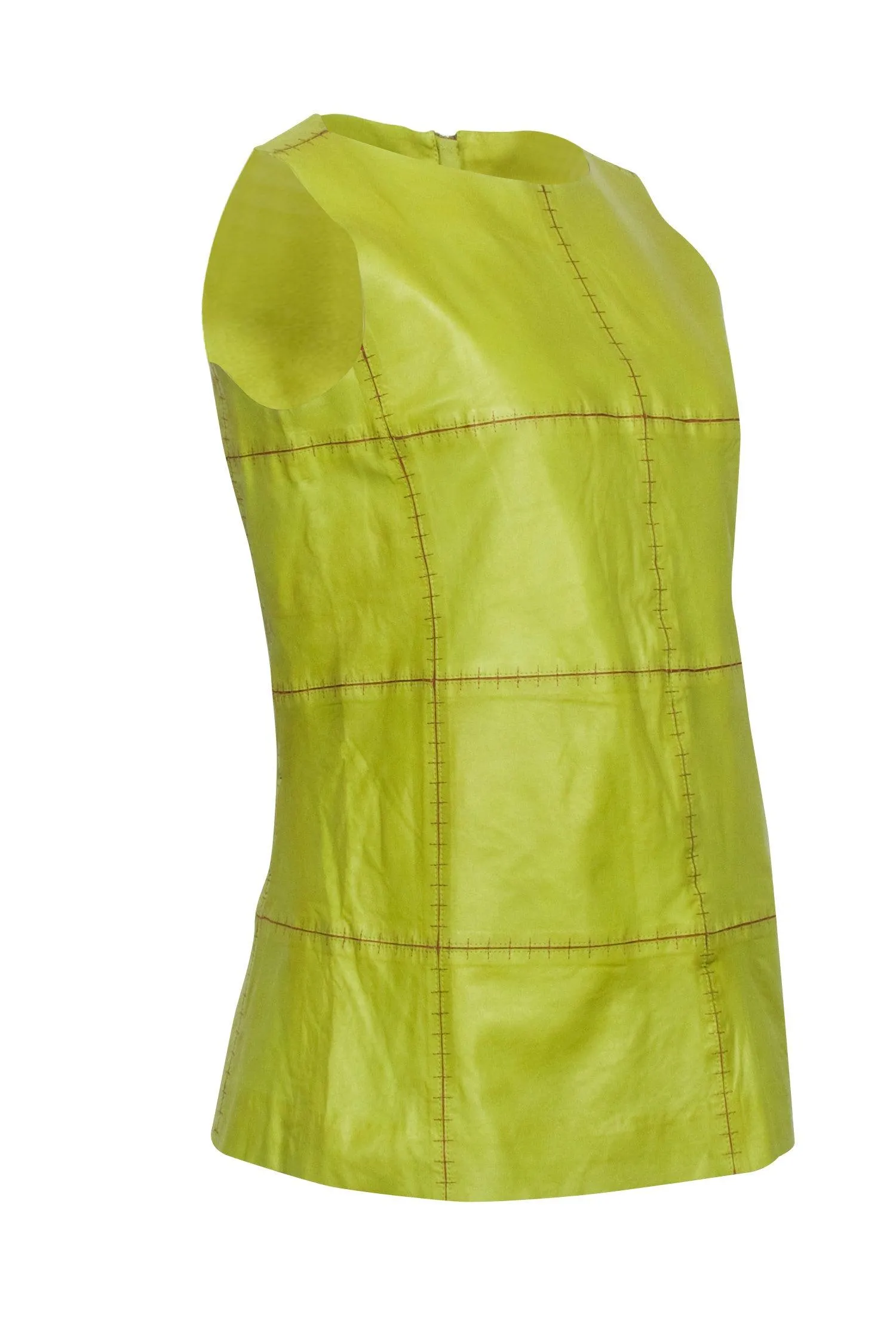 Lafayette 148 -  Green Leather Sleeveless Top w/ Contrast Stitching Sz S